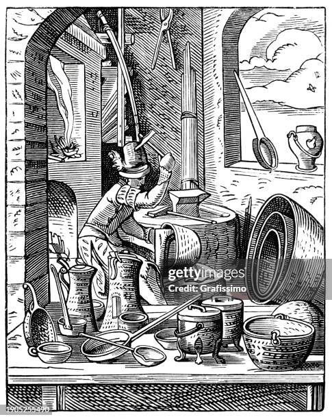 blacksmith working with copper woodcut 16th century illustration - blacksmith stock illustrations