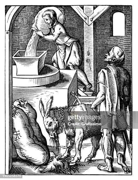 men grinding wheat in mill woodcut 16th century illustration - watermill stock illustrations
