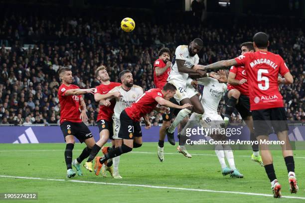 Antonio Ruediger of Real Madrid scores their team's first goal during the LaLiga EA Sports match between Real Madrid CF and RCD Mallorca at Estadio...