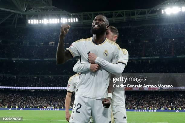 Antonio Ruediger of Real Madrid celebrates after scoring their team's first goal during the LaLiga EA Sports match between Real Madrid CF and RCD...