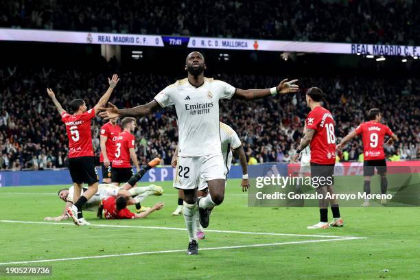 Antonio Ruediger of Real Madrid celebrates after scoring their team's first goal during the LaLiga EA Sports match between Real Madrid CF and RCD...