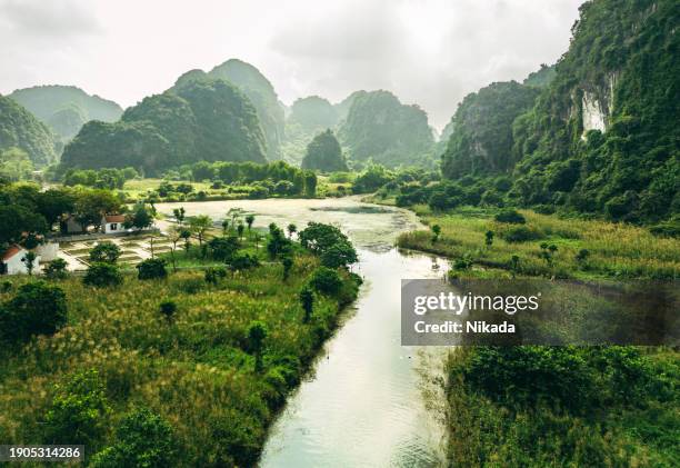 top view over tam coc with karst formations, ninh binh province, vietnam - vietnam stockfoto's en -beelden