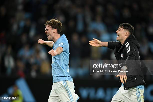 Williot Swedberg and Joergen Strand Larsen of Celta Vigo celebrate after the team's victory in the LaLiga EA Sports match between Celta Vigo and Real...
