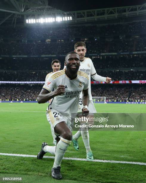 Antonio Rudiger of Real Madrid CF celebrates scoring their opening goal with teammate Federico Valverde during the LaLiga EA Sports match between...