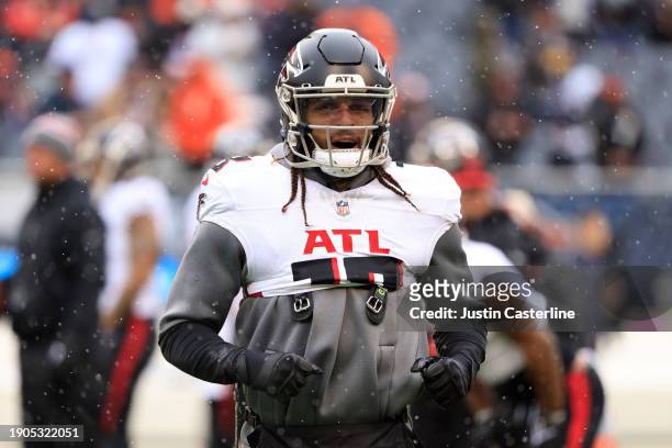 Mack Hollins of the Atlanta Falcons warms up prior to the game against the Chicago Bears at Soldier Field on December 31, 2023 in Chicago, Illinois.
