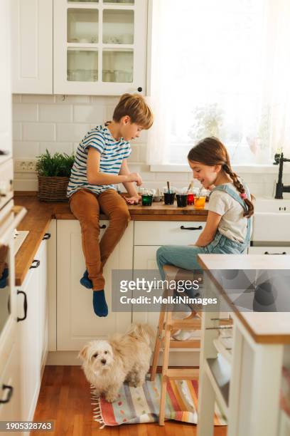 creative children sitting in the kitchen, dying and decorating easter eggs - dog easter stock-fotos und bilder