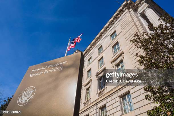 The U.S. Flag flys above the International Revenue Service headquarters building on January 3 in Washington, D.C.