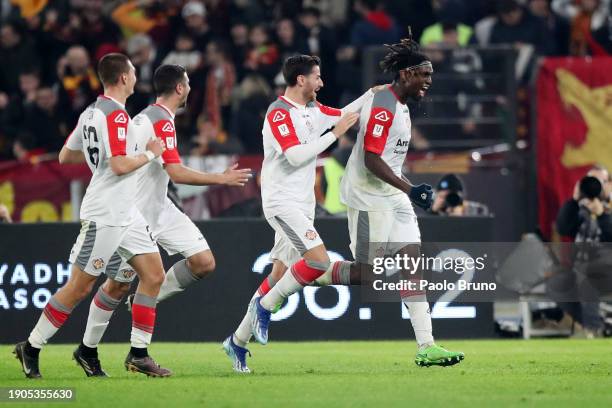 Frank Tsadjout of Cremonese celebrates after scoring their team's first goal during the Coppa Italia Round of 16 match between AS Roma and Cremonese...