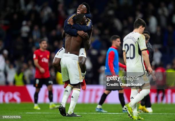 Antonio Rudiger and Vinicius Junior of Real Madrid CF celebrates victory after the game the LaLiga EA Sports match between Real Madrid CF and RCD...