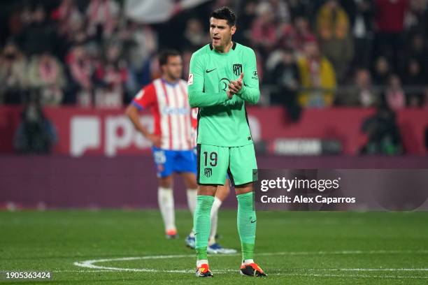 Alvaro Morata of Atletico Madrid celebrates after scoring their team's first goal during the LaLiga EA Sports match between Girona FC and Atletico...