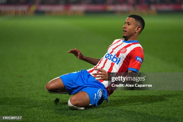 Savio of Girona FC celebrates after scoring their team's second goal during the LaLiga EA Sports match between Girona FC and Atletico Madrid at...