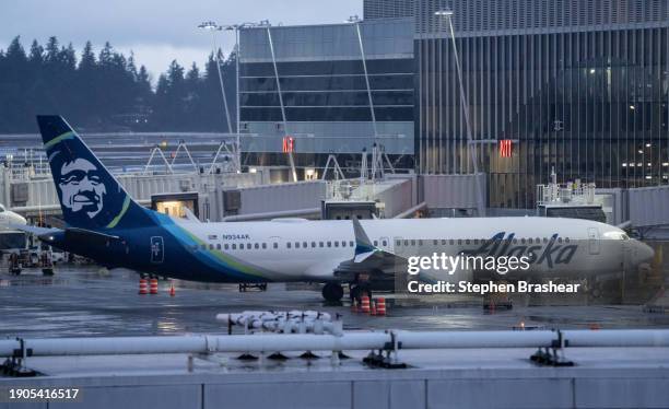 An Alaska Airlines Boeing 737 MAX 9 plane sits at a gate at Seattle-Tacoma International Airport on January 6, 2024 in Seattle, Washington. Alaska...