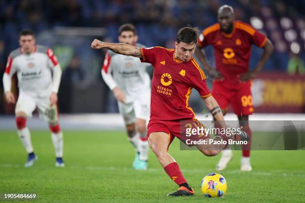 Paulo Dybala of AS Roma scores their team's second goal from the penalty spot during the Coppa Italia Round of 16 match between AS Roma and Cremonese...