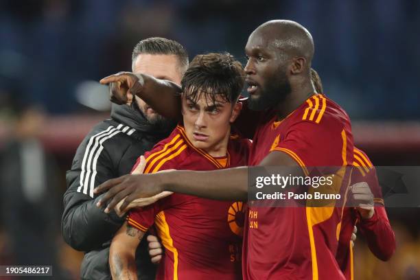 Paulo Dybala of AS Roma celebrates with teammate Romelu Lukaku after scoring their team's second goal from the penalty spot during the Coppa Italia...