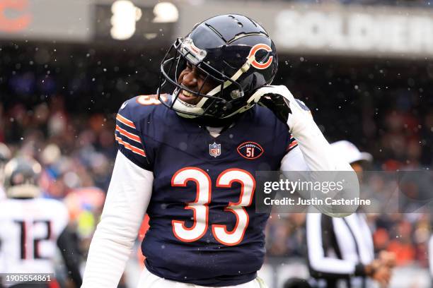 Jaylon Johnson of the Chicago Bears reacts in the game against the Atlanta Falcons at Soldier Field on December 31, 2023 in Chicago, Illinois.