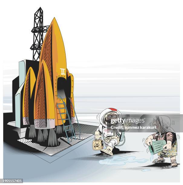 mother sends astronaut into space by pouring water after him - rocket launch pad stock illustrations