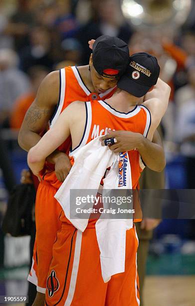 Carmelo Anthony of Syracuse hugs teammate Gerry McNamara after defeaing Kansas 81-78 during the championship game of the NCAA Men's Final Four...