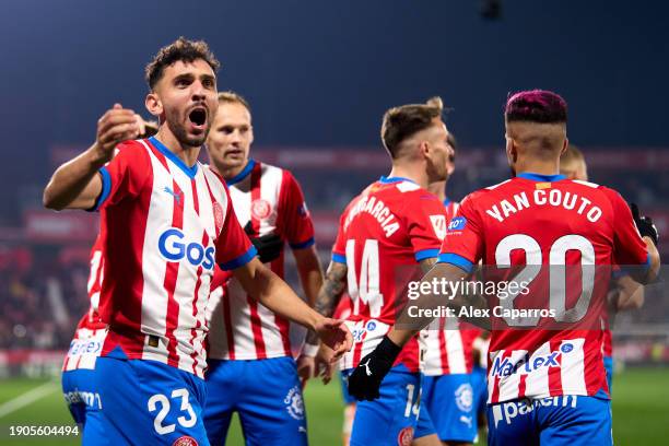 Ivan Martin of Girona FC celebrates after his teammate Valery Fernandez scored their team's first goal during the LaLiga EA Sports match between...