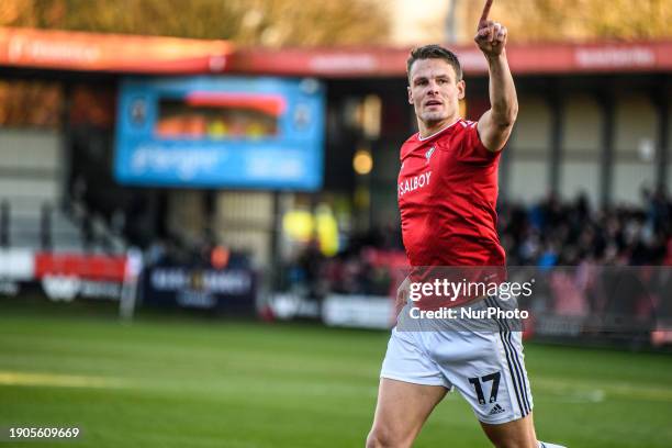 Matt Smith is celebrating after scoring his side's first goal of the game during the Sky Bet League 2 match between Salford City and Forest Green...