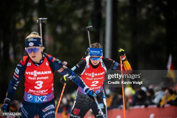 Franziska Preuss of Germany in action competes during the Women 10 km Pursuit at the BMW IBU World Cup Biathlon Oberhof on January 6, 2024 in...