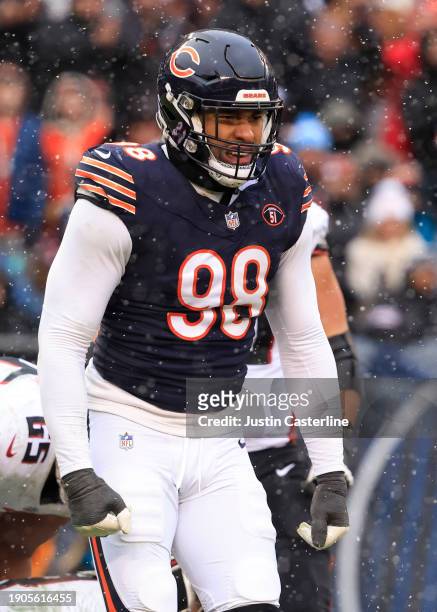 Montez Sweat of the Chicago Bears reacts in the game against the Atlanta Falcons at Soldier Field on December 31, 2023 in Chicago, Illinois.