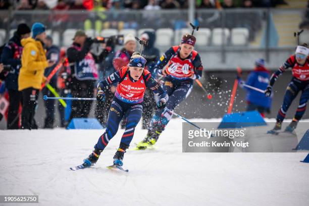 Sophie Chauveau of France in action competes during the Women 10 km Pursuit at the BMW IBU World Cup Biathlon Oberhof on January 6, 2024 in Oberhof,...
