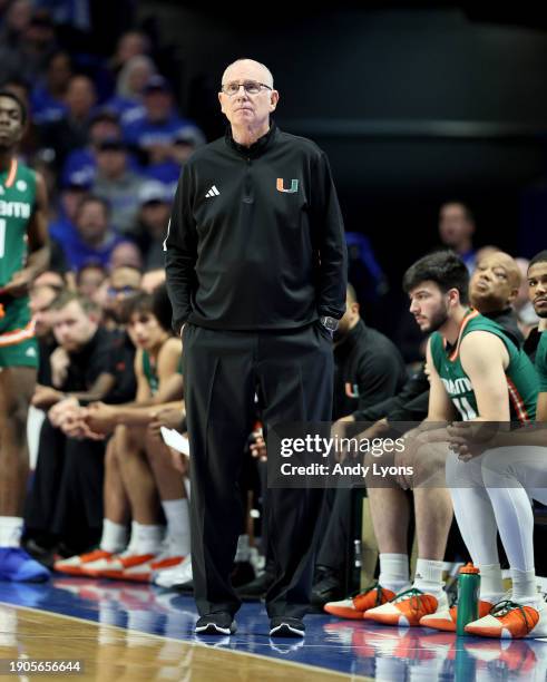 Jim Larranaga the head coach of the Miami Hurricanes against the Kentucky Wildcats at Rupp Arena on November 28, 2023 in Lexington, Kentucky.