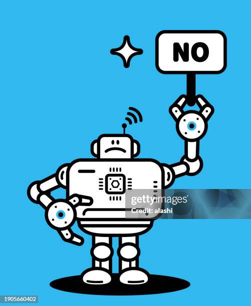 ilustrações de stock, clip art, desenhos animados e ícones de an artificial intelligence robot holds a no sign - stern form