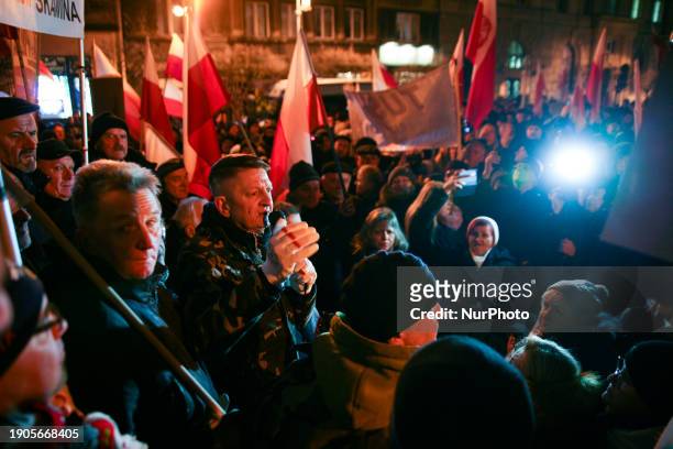 Ryszard Majdzik is protesting against changes in public media at Matejki Square in Krakow, Poland, on January 5, 2024. The new coalition government's...