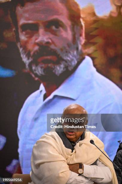 Congress President Mallikarjun Kharge, along with Congress leaders Jairam Ramesh and KC Venugopal, addresses a press conference to launch the logo...