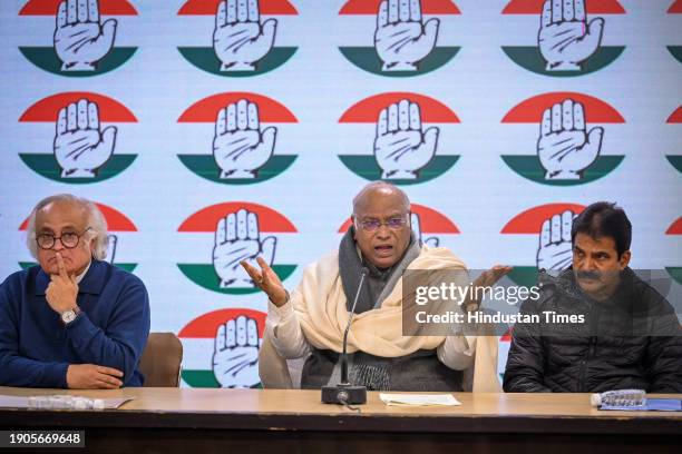 Congress President Mallikarjun Kharge, along with Congress leaders Jairam Ramesh and KC Venugopal, addresses a press conference to launch the logo...