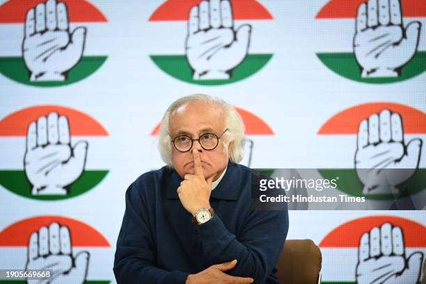 Congress leader Jairam Ramesh during a press conference to launch the logo and slogan for upcoming Bharat Jodo Nyay Yatra at AICC Headquarters on...
