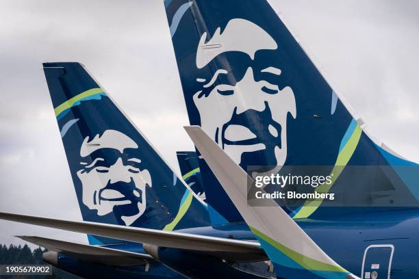 Alaska Airlines Boeing 737 Max-9 aircraft grounded at Seattle-Tacoma International Airport in Seattle, Washington, US, on Saturday, Jan. 6, 2024....