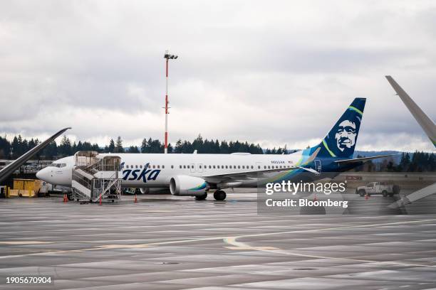 An Alaska Airlines Boeing 737 Max-9 aircraft grounded at Seattle-Tacoma International Airport in Seattle, Washington, US, on Saturday, Jan. 6, 2024....