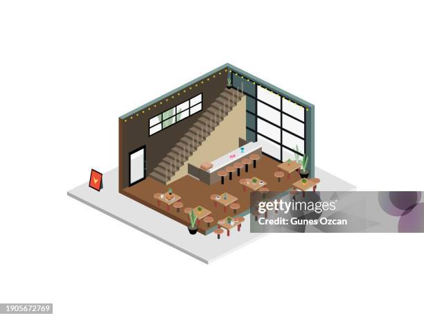 illustrazioni stock, clip art, cartoni animati e icone di tendenza di interno isometrico della caffetteria - interno di un bancone del bar del ristorante, stabilimento di bevande, caffetteria, al coperto, cenare fuori, posti a sedere - edificio della panetteria ritagliato - architettura del caffè - architecture restaurant interior