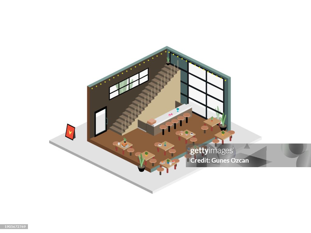Isometric Coffee Shop Interior - Inside of a Restaurant Bar Counter, Drink Establishment, Coffee House, Indoors, Dining Out, Seats - Bakery Building Cut Out - Cafe Architecture