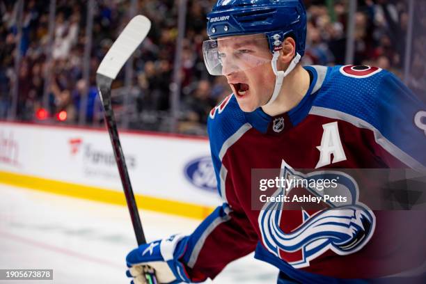 Cale Makar of the Colorado Avalanche celebrates after scoring a goal in the second period of the game against the Florida Panthers at Ball Arena on...