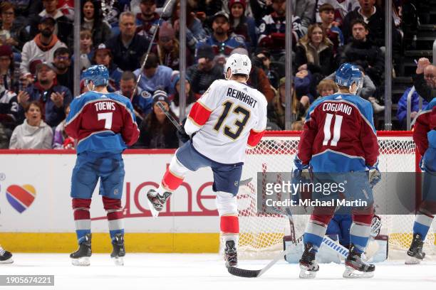 Sam Reinhart of the Florida Panthers celebrates a hat trick against the Colorado Avalanche at Ball Arena on January 6, 2024 in Denver, Colorado.