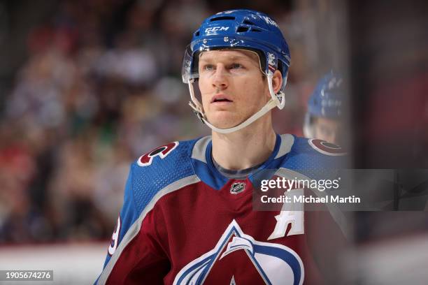 Nathan MacKinnon of the Colorado Avalanche looks on during the third period against the Florida Panthers at Ball Arena on January 6, 2024 in Denver,...