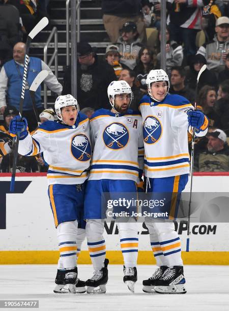 Alex Tuch of the Buffalo Sabres celebrates his first period goal against the Pittsburgh Penguins at PPG PAINTS Arena on January 6, 2024 in...