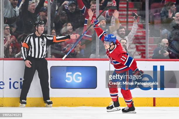 Brendan Gallagher of the Montreal Canadiens celebrates his goal during the first period against the New York Rangers at the Bell Centre on January 6,...