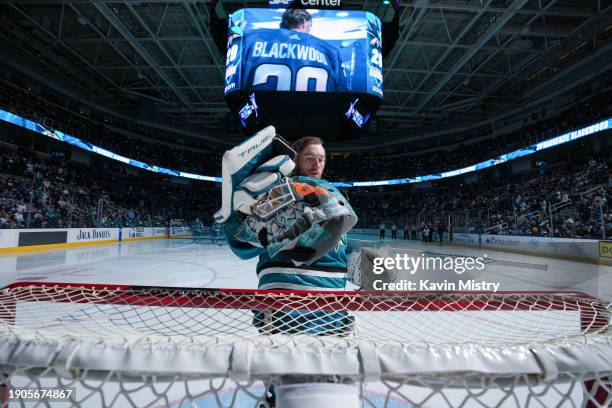 Mackenzie Blackwood of the San Jose Sharks takes the ice before the game against the Toronto Maple Leafs at SAP Center on January 6, 2024 in San...