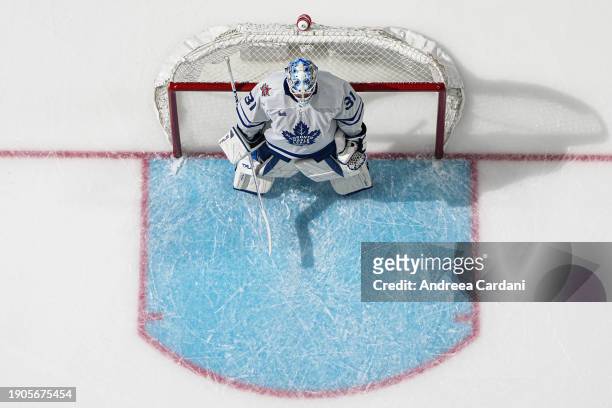 An overhead shot of Martin Jones of the Toronto Maple Leafs in net at SAP Center on January 6, 2023 in San Jose, California.