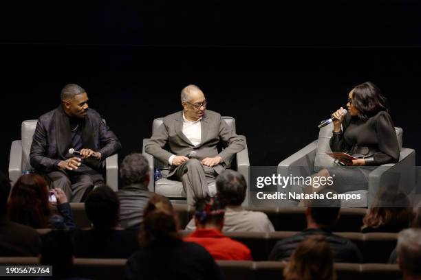 Colman Domingo, George C. Wolfe, and Jennifer Hudson speak onstage during Netflix's "Rustin" Tastemaker event at Creative Artists Agency on January...