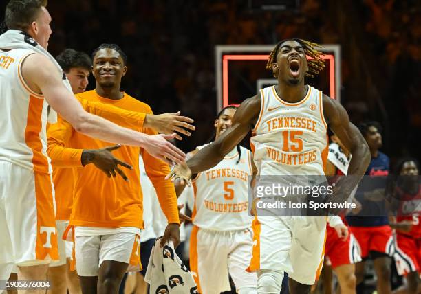 Tennessee Volunteers guard Jahmai Mashack celebrates after hitting a buzzer beater three point shot at the end of the first half during the college...
