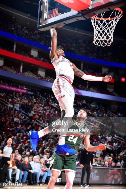 Jalen Green of the Houston Rockets dunks the ball during the game against the Milwaukee Bucks on January 6, 2024 at the Toyota Center in Houston,...