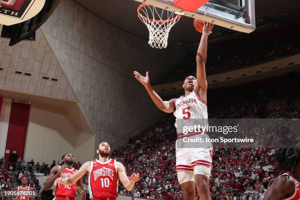 Indiana Hoosiers forward Malik Reneau lays the ball in against the Ohio State Buckeyes on January 6, 2024 at Simon Skjodt Assembly Hall in...