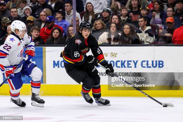 Cleveland Monsters center Luca Del Bel Belluz controls the puck during the second period of the American Hockey League game between the Rochester...