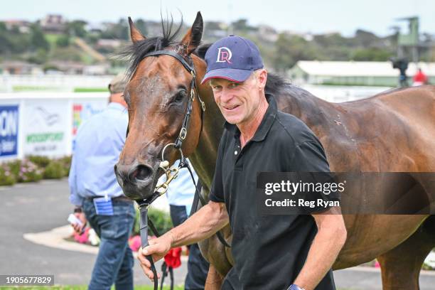 Crackle 'N' Burn after winning the South West Tools & Industrial Maiden Plate at Warrnambool Racecourse on January 07, 2024 in Warrnambool, Australia.