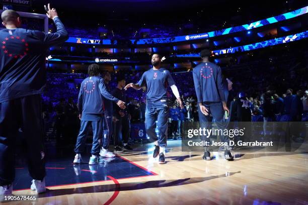 Marcus Morris Sr. #5 of the Philadelphia 76ers walks on the court during player introductions on January 6, 2024 at the Wells Fargo Center in...